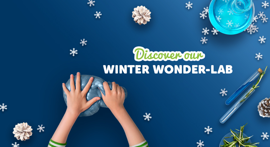 Mad Science Winter wonder lab program logo which has a kids hand playing with blue putty with a flask and 2 test tubes on the