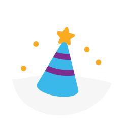 Blue birthday party hat with 2 purple stripes and a yellow star on top.