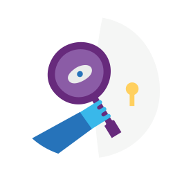Hand holding magnifying glass with eye and keyhole