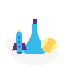 a flask with a tennis ball and a toy rocket ship
